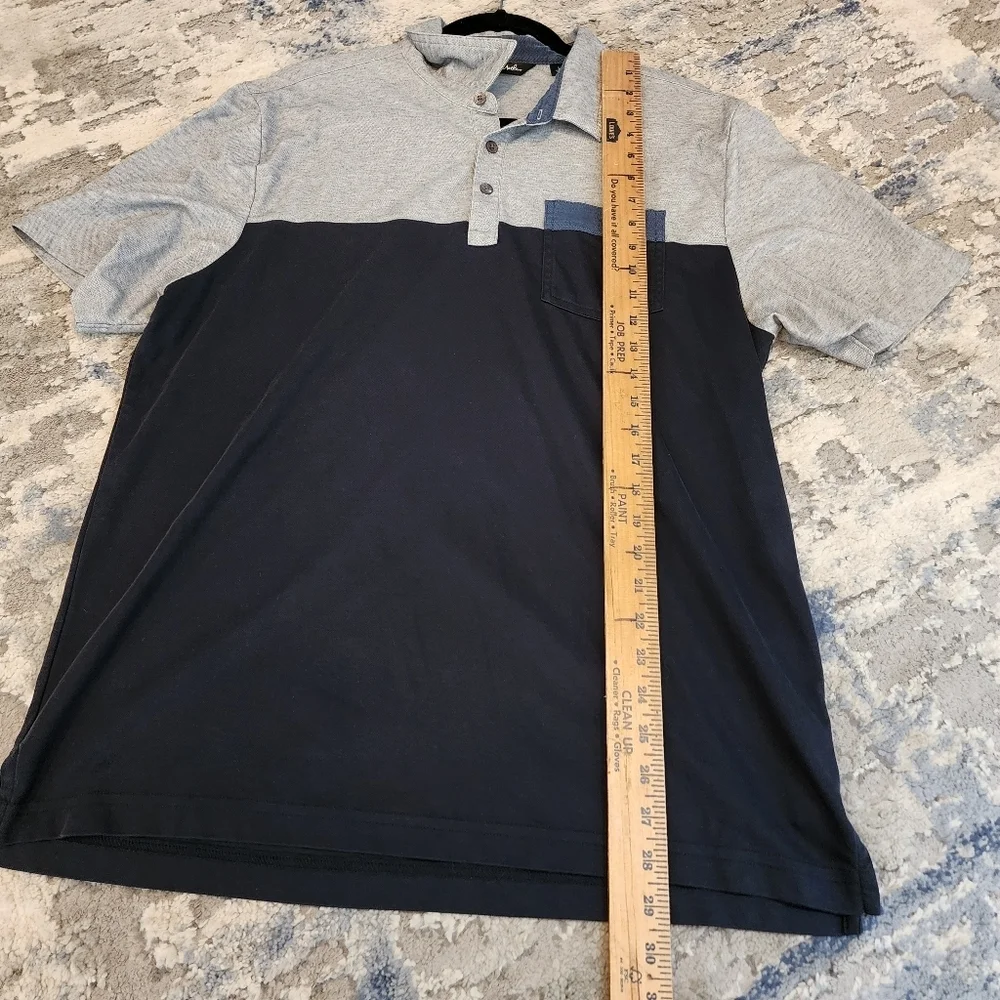 Travis Mathew Four B's Polo.‎ Grey navy blue. Men's size Large.